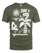 Surf Babe Graphic Tee Retro Beach Vibes Coastal Style - military green t-shirt on white background