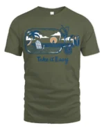 Take It Easy Beach Sunset Graphic Tee Relax Coastal Style - military green t-shirt on white background