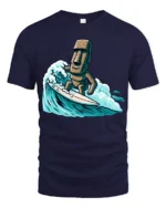 Funny Surfing Moai Statue Graphic Tee Retro Beach Humor Style - navy t-shirt on white background