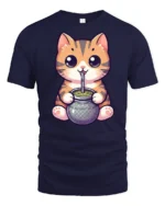 Cute Cat Drinking Mate Graphic Tee Funny Kawaii Style - navy t-shirt on white background
