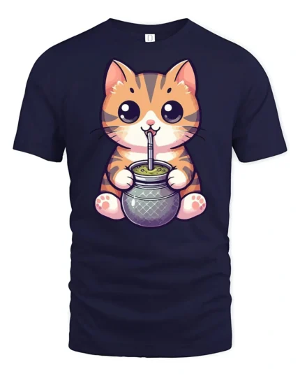 Cute Cat Drinking Mate Graphic Tee Funny Kawaii Style - navy t-shirt on white background