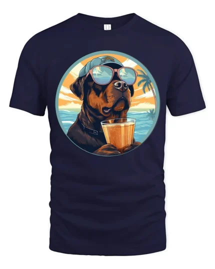 Cool Dog Drinking Cocktail Graphic Tee Funny Beach Style - navy t-shirt on white background