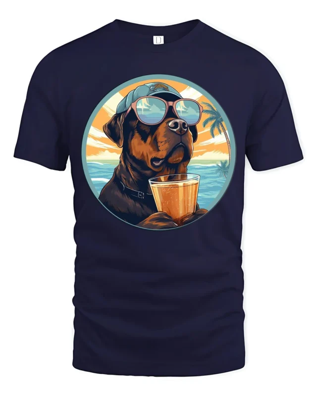 Cool Dog Drinking Cocktail Graphic Tee Funny Beach Style - navy t-shirt on white background