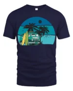 Vintage Surf Van Beach Sunset Graphic Tee Retro Summer Style - navy t-shirt on white background