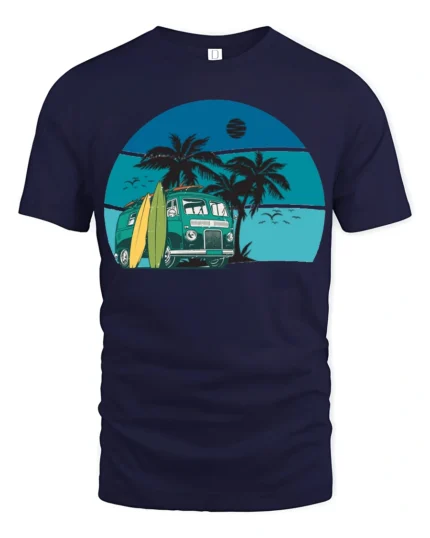 Vintage Surf Van Beach Sunset Graphic Tee Retro Summer Style - navy t-shirt on white background