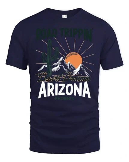 Arizona Desert Road Trip Graphic Tee Retro Travel Adventure Style - navy t-shirt on white background
