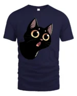 Cute Black Cat Big Eyes Graphic Tee Funny Cartoon Style - navy t-shirt on white background