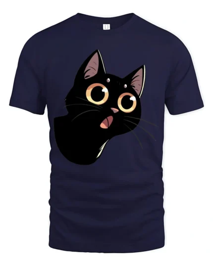 Cute Black Cat Big Eyes Graphic Tee Funny Cartoon Style - navy t-shirt on white background