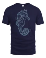 Artistic Seahorse Ocean Graphic Tee Coastal Marine Style - navy t-shirt on white background