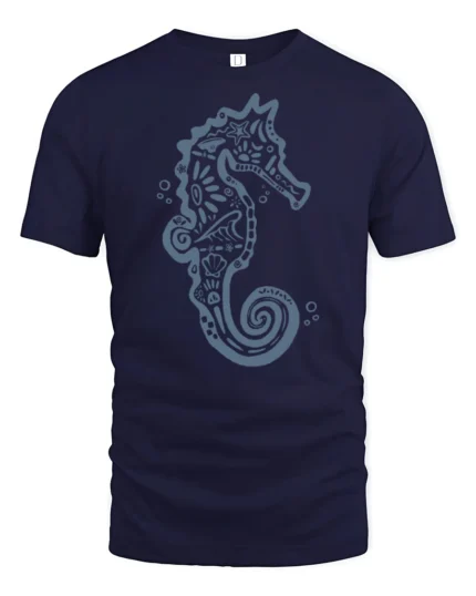 Artistic Seahorse Ocean Graphic Tee Coastal Marine Style - navy t-shirt on white background