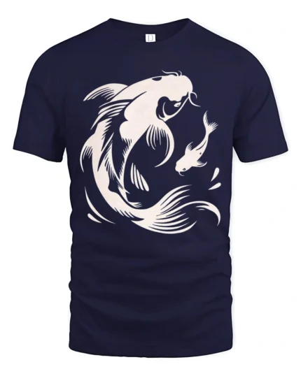 Elegant Koi Fish Graphic Tee Japanese Style Artistic Design - navy t-shirt on white background