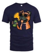 Funny Dog Drinking Beer Graphic Tee Cool Cartoon Party Style - navy t-shirt on white background
