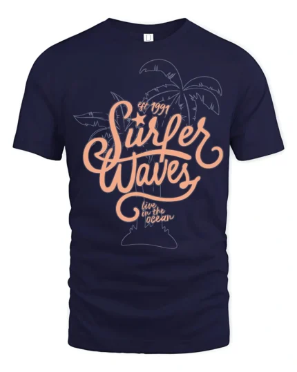 Surfer Waves Retro Beach Graphic Tee Ocean Lifestyle Style - navy t-shirt on white background