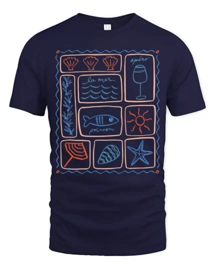 La Mer Coastal Icons Graphic Tee Ocean Vacation Style - navy t-shirt on white background
