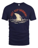 Just Keep Swimming Shark Graphic Tee Funny Ocean Style - navy t-shirt on white background