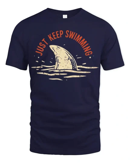 Just Keep Swimming Shark Graphic Tee Funny Ocean Style - navy t-shirt on white background
