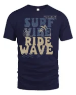 Surf Vibe Ride Wave Graphic Tee Retro Beach Adventure Style - navy t-shirt on white background