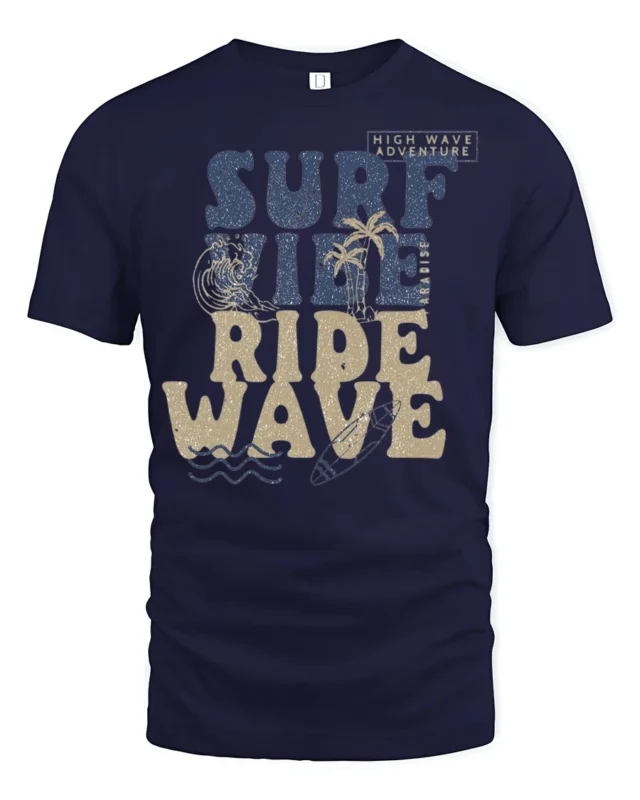 Surf Vibe Ride Wave Graphic Tee Retro Beach Adventure Style - navy t-shirt on white background