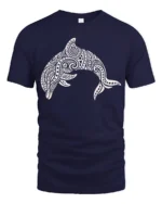 Tribal Dolphin Graphic Tee Ocean Spirit Artistic Style - navy t-shirt on white background