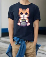 Cute Cat Drinking Mate Graphic Tee Funny Kawaii Style - model wearing navy tee with hands in pockets