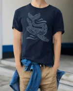 Artistic Ocean Child Whale Graphic Tshirt Sea Life Style - model wearing navy tee with hands in pockets