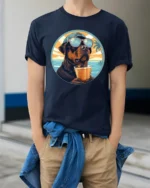 Cool Dog Drinking Cocktail Graphic Tee Funny Beach Style - model wearing navy tee with hands in pockets