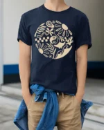 Minimal Abstract Nature Graphic Tshirt Modern Art Style - model wearing navy tee with hands in pockets