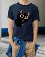 Cute Black Cat Big Eyes Graphic Tee Funny Cartoon Style - model wearing navy tee with hands in pockets