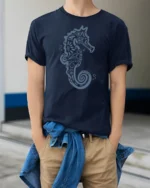 Artistic Seahorse Ocean Graphic Tee Coastal Marine Style - model wearing navy tee with hands in pockets