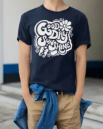Good Day Sunshine Retro Positive Vibes Graphic Tee Style - model wearing navy tee with hands in pockets