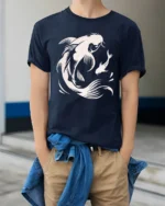 Elegant Koi Fish Graphic Tee Japanese Style Artistic Design - model wearing navy tee with hands in pockets
