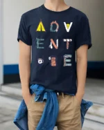 Adventure Camping Graphic Tee Outdoor Nature Travel Style - model wearing navy tee with hands in pockets