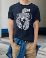 Artistic Lobster Tribal Pattern Graphic Tshirt Ocean Style - model wearing navy tee with hands in pockets