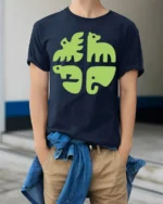 Minimalist Animal Shapes Graphic Tee Modern Cute Style - model wearing navy tee with hands in pockets