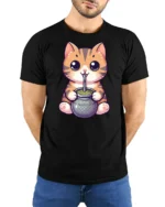 Cute Cat Drinking Mate Graphic Tee Funny Kawaii Style - model wearing black tee with hands behind back