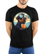 Cool Dog Drinking Cocktail Graphic Tee Funny Beach Style - model wearing black tee with hands behind back