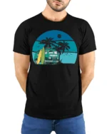 Vintage Surf Van Beach Sunset Graphic Tee Retro Summer Style - model wearing black tee with hands behind back