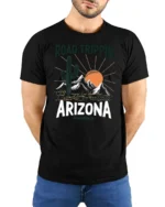 Arizona Desert Road Trip Graphic Tee Retro Travel Adventure Style - model wearing black tee with hands behind back
