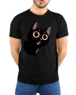Cute Black Cat Big Eyes Graphic Tee Funny Cartoon Style - model wearing black tee with hands behind back
