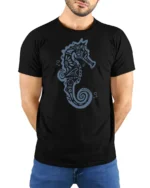 Artistic Seahorse Ocean Graphic Tee Coastal Marine Style - model wearing black tee with hands behind back