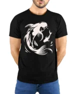 Elegant Koi Fish Graphic Tee Japanese Style Artistic Design - model wearing black tee with hands behind back