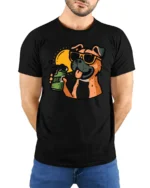 Funny Dog Drinking Beer Graphic Tee Cool Cartoon Party Style - model wearing black tee with hands behind back