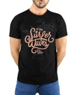 Surfer Waves Retro Beach Graphic Tee Ocean Lifestyle Style - model wearing black tee with hands behind back