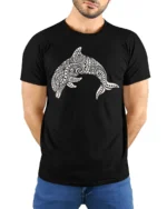 Tribal Dolphin Graphic Tee Ocean Spirit Artistic Style - model wearing black tee with hands behind back