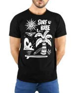 Surf Babe Graphic Tee Retro Beach Vibes Coastal Style - model wearing black tee with hands behind back
