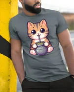 Cute Cat Drinking Mate Graphic Tee Funny Kawaii Style - model wearing grey tee, leaning on column