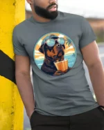 Cool Dog Drinking Cocktail Graphic Tee Funny Beach Style - model wearing grey tee, leaning on column