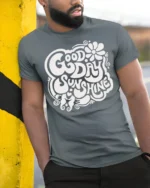 Good Day Sunshine Retro Positive Vibes Graphic Tee Style - model wearing grey tee, leaning on column