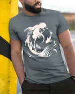Elegant Koi Fish Graphic Tee Japanese Style Artistic Design - model wearing grey tee, leaning on column