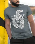 Artistic Lobster Tribal Pattern Graphic Tshirt Ocean Style - model wearing grey tee, leaning on column